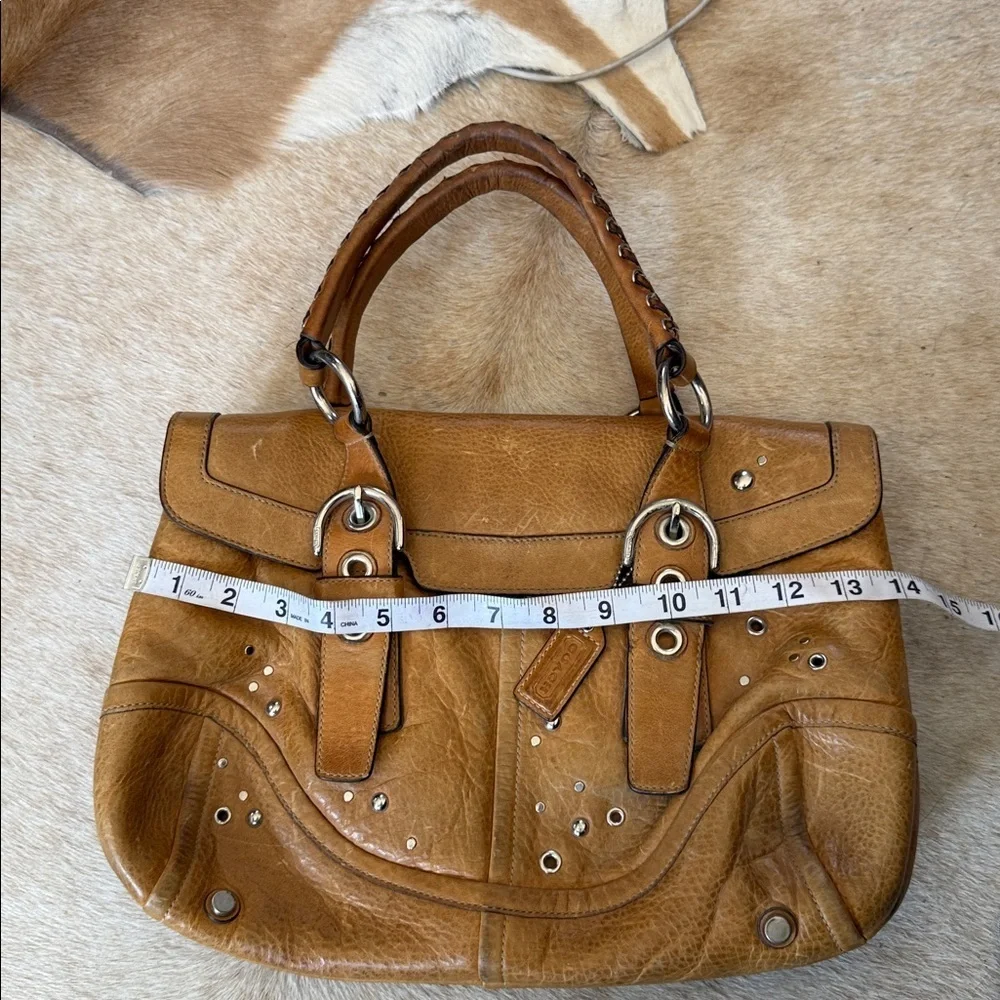 vintage Y2K Coach Hampton satchel in a tan color leather silver studs braided